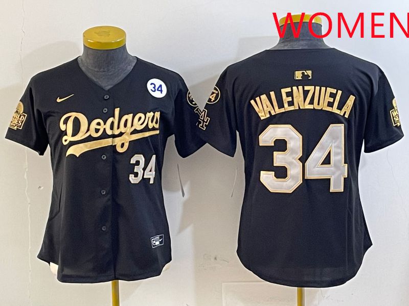 Women Los Angeles Dodgers 34 Valenzuela Black Gold Game 2025 Nike MLB Jersey style 6